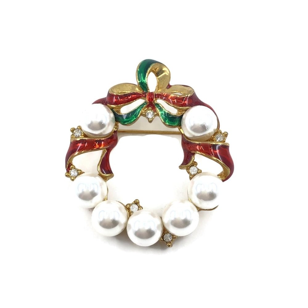 Christmas Wreath Brooch Faux Pearls